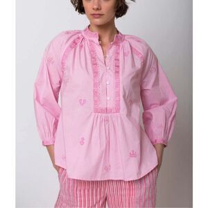 NWT V. De. Vinster Patchwork Embroidered Front Button Placket Blouse Pink Small
